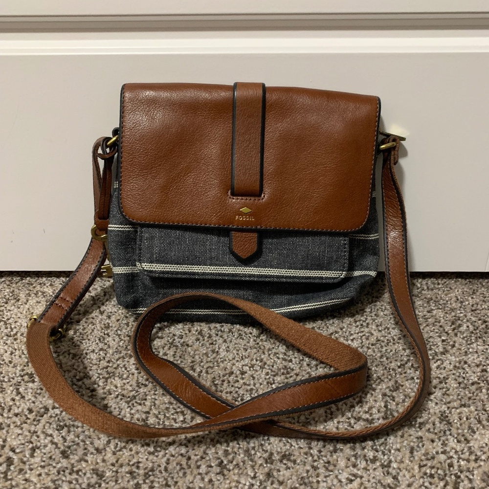 Brown Leather and Blue Striped Purse